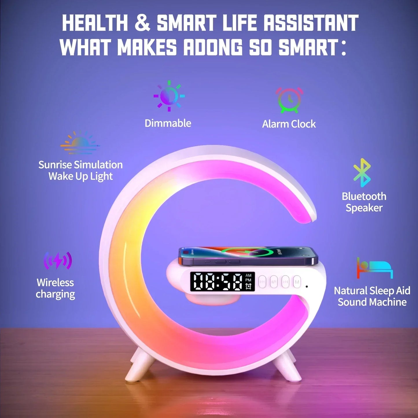 Night Light Lamp / Alarm Clock / Bluetooth Speaker / Wireless Charger Station