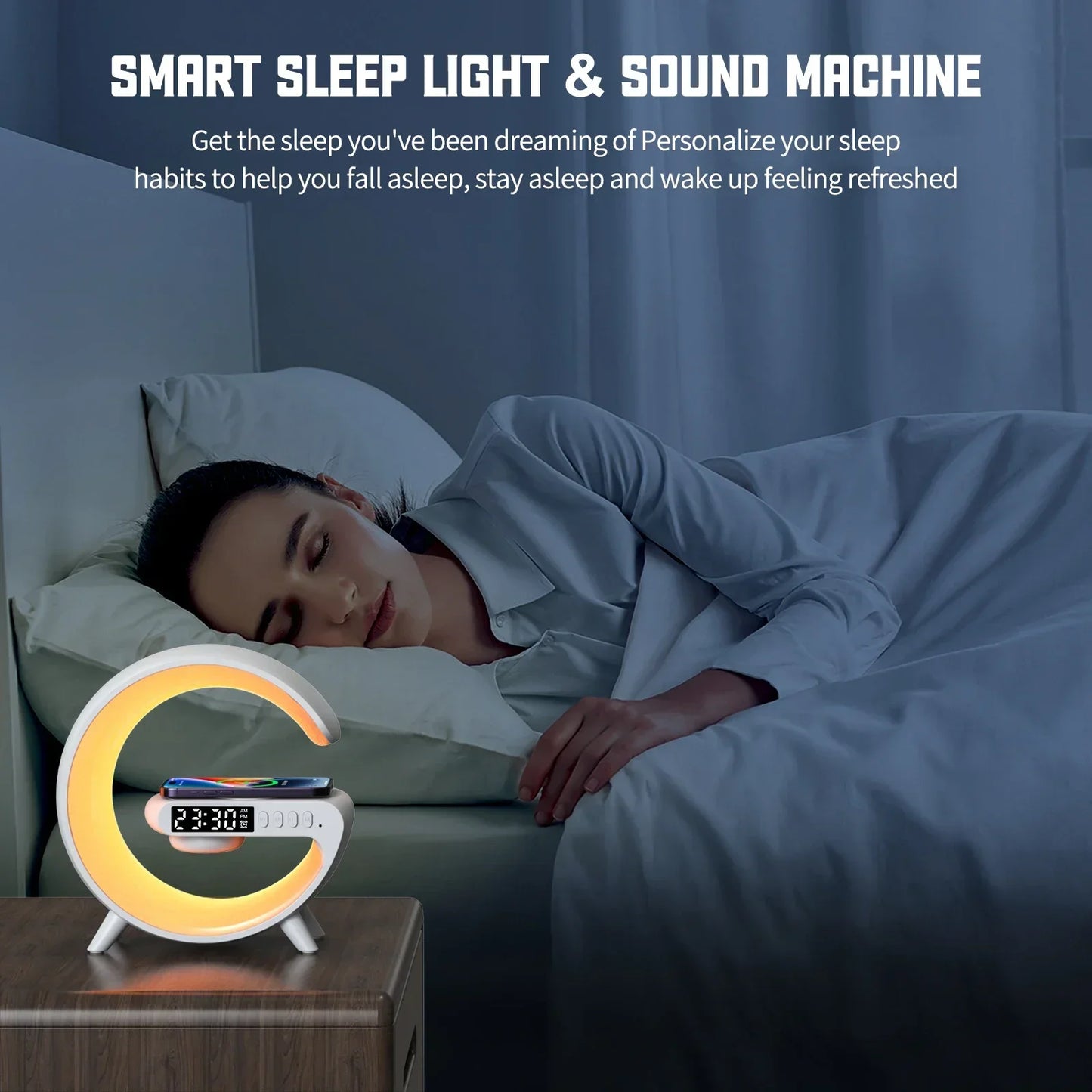Night Light Lamp / Alarm Clock / Bluetooth Speaker / Wireless Charger Station