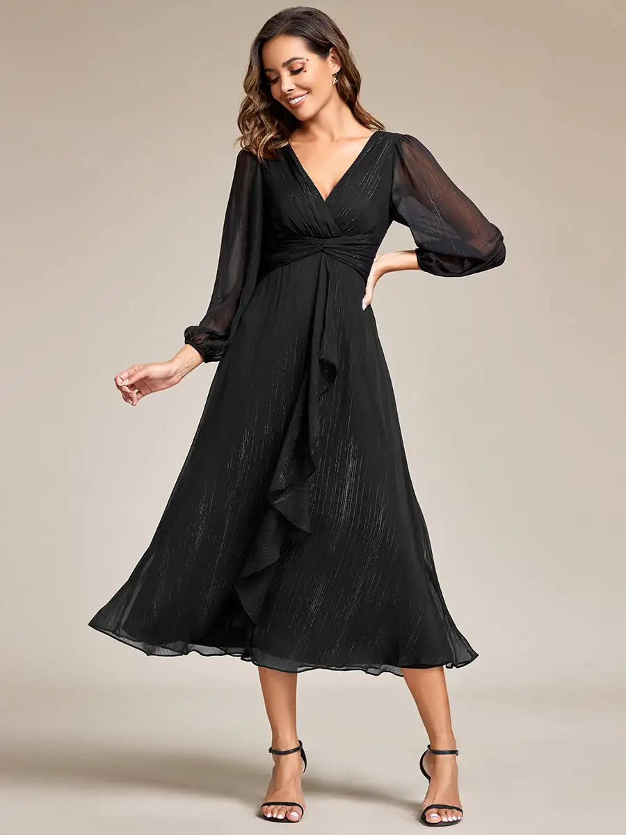 Long Sleeve Shiny Chiffon Charcoal Dress
