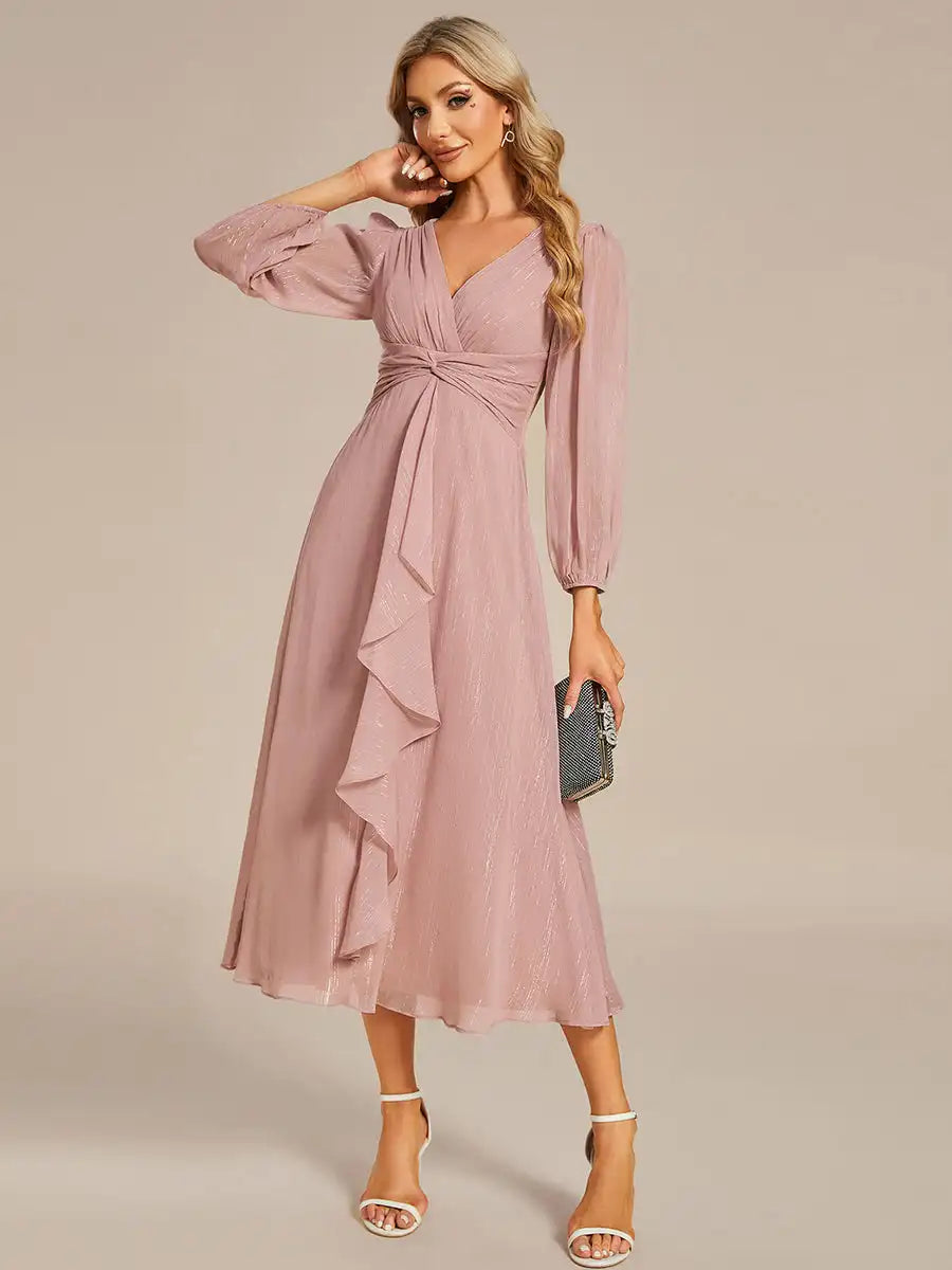 Long Sleeve Shiny Chiffon Charcoal Dress
