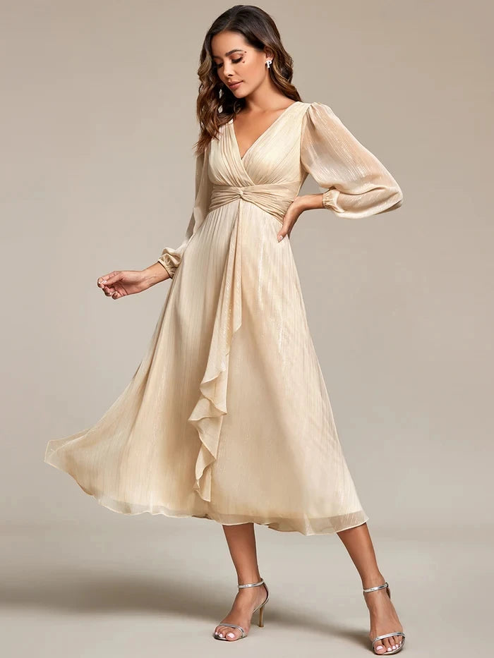 Long Sleeve Shiny Chiffon Charcoal Dress