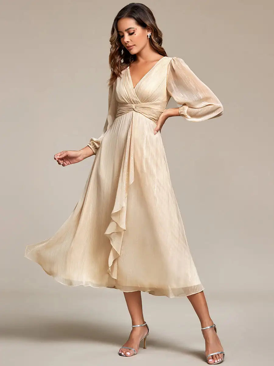 Long Sleeve Shiny Chiffon Charcoal Dress