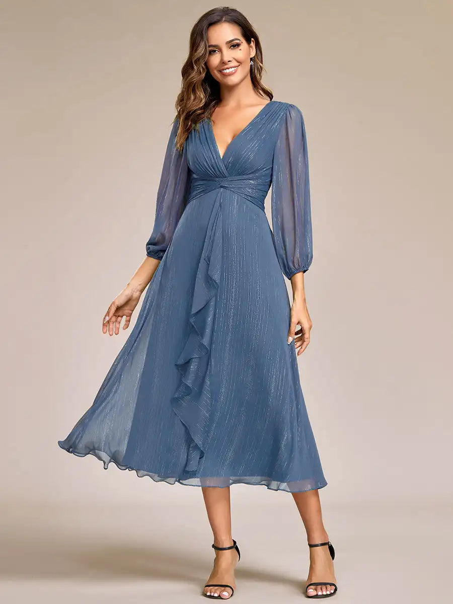 Long Sleeve Shiny Chiffon Charcoal Dress