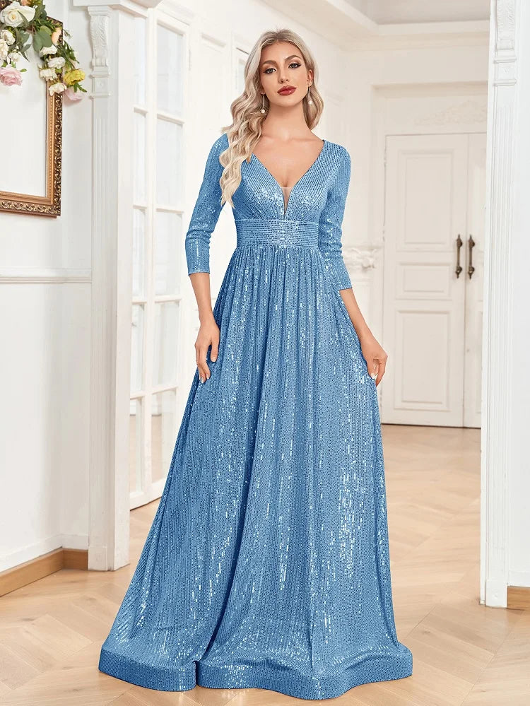 Blue Sequins Evening Dress