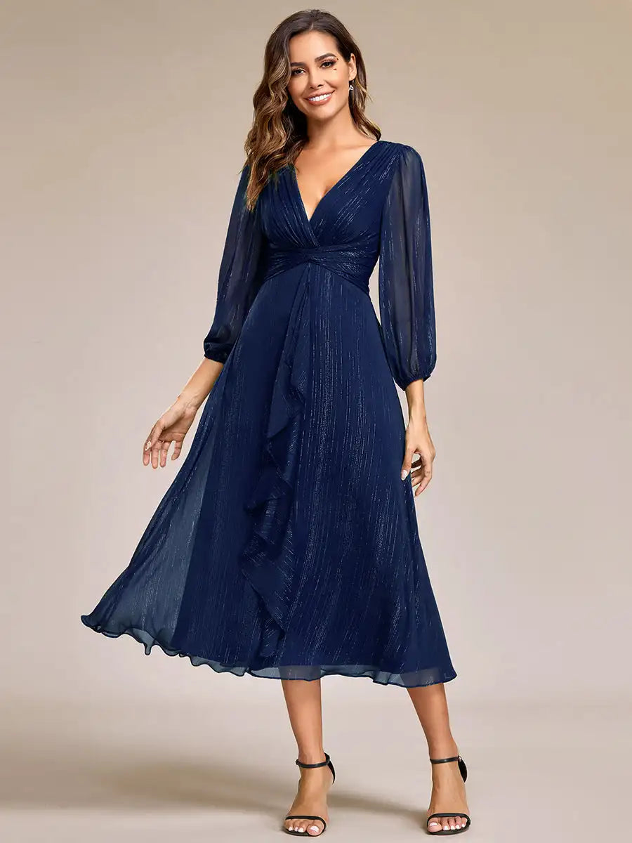 Long Sleeve Shiny Chiffon Charcoal Dress