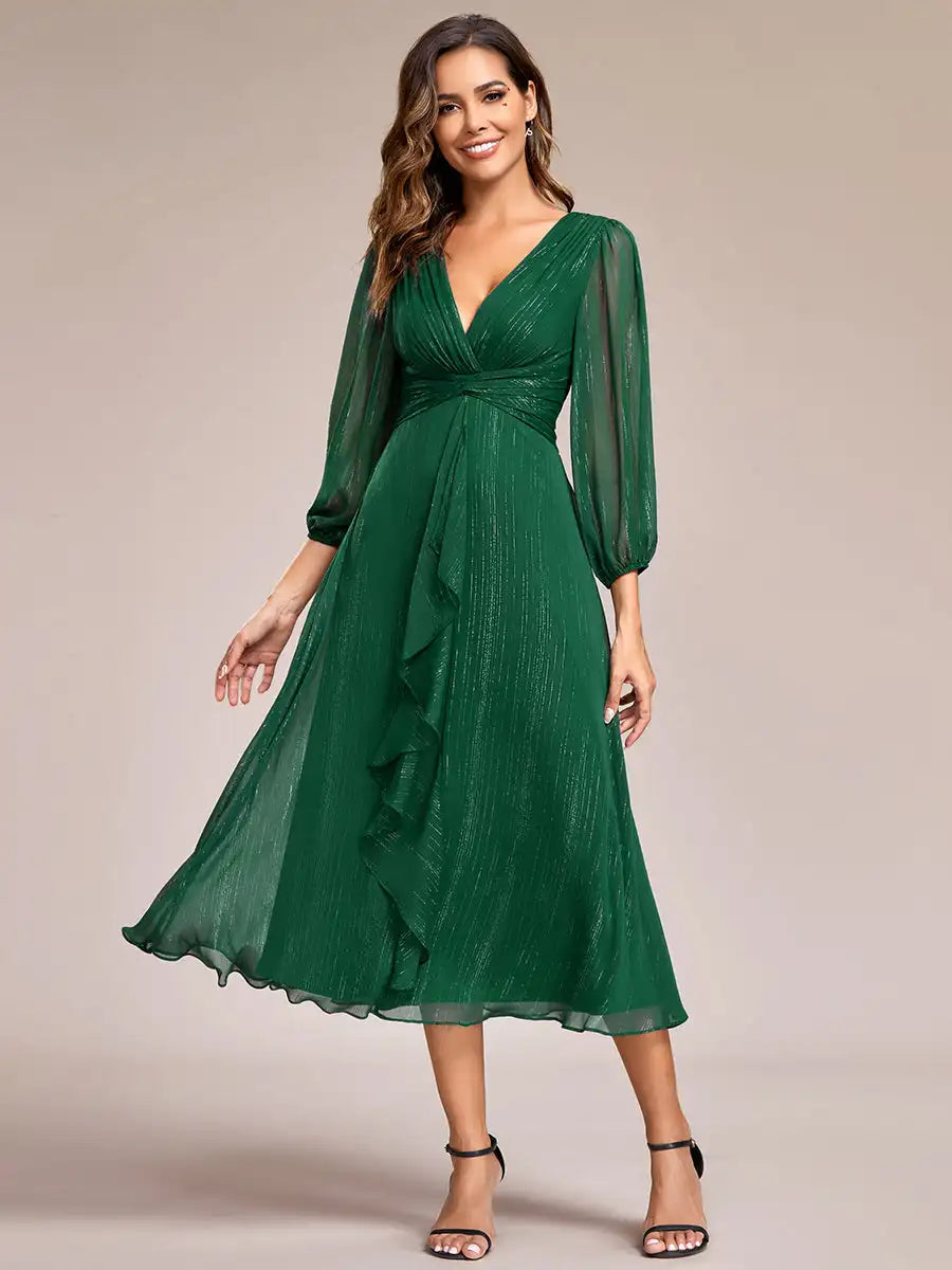 Long Sleeve Shiny Chiffon Charcoal Dress