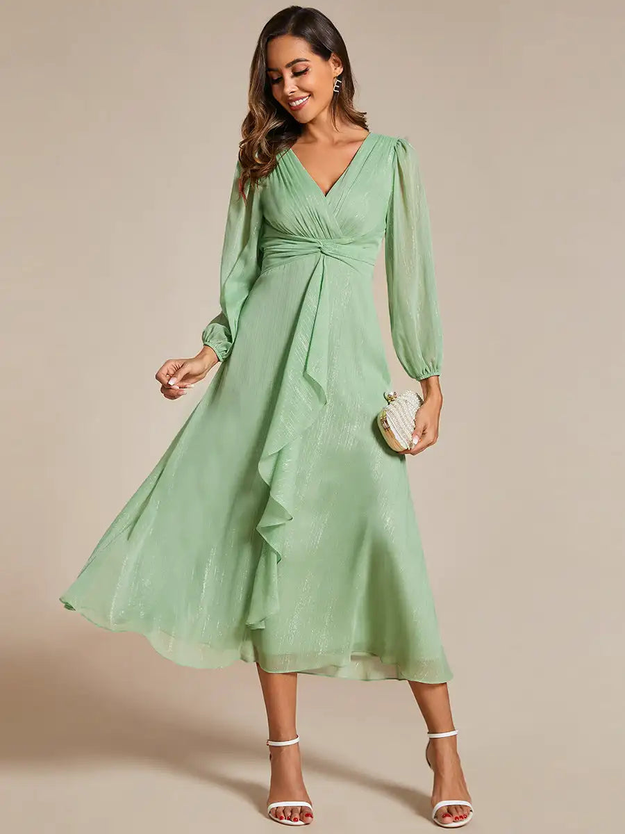 Long Sleeve Shiny Chiffon Charcoal Dress