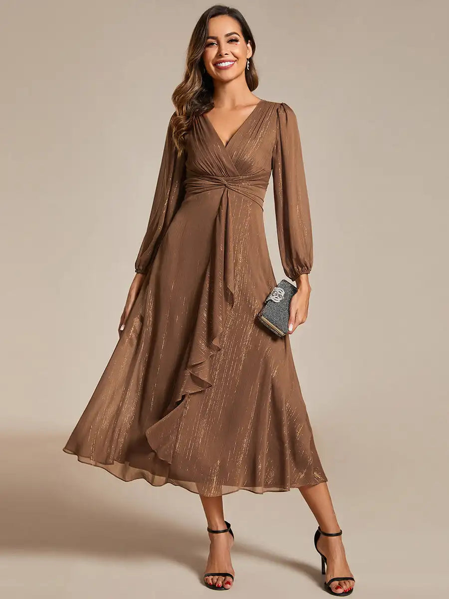 Long Sleeve Shiny Chiffon Charcoal Dress