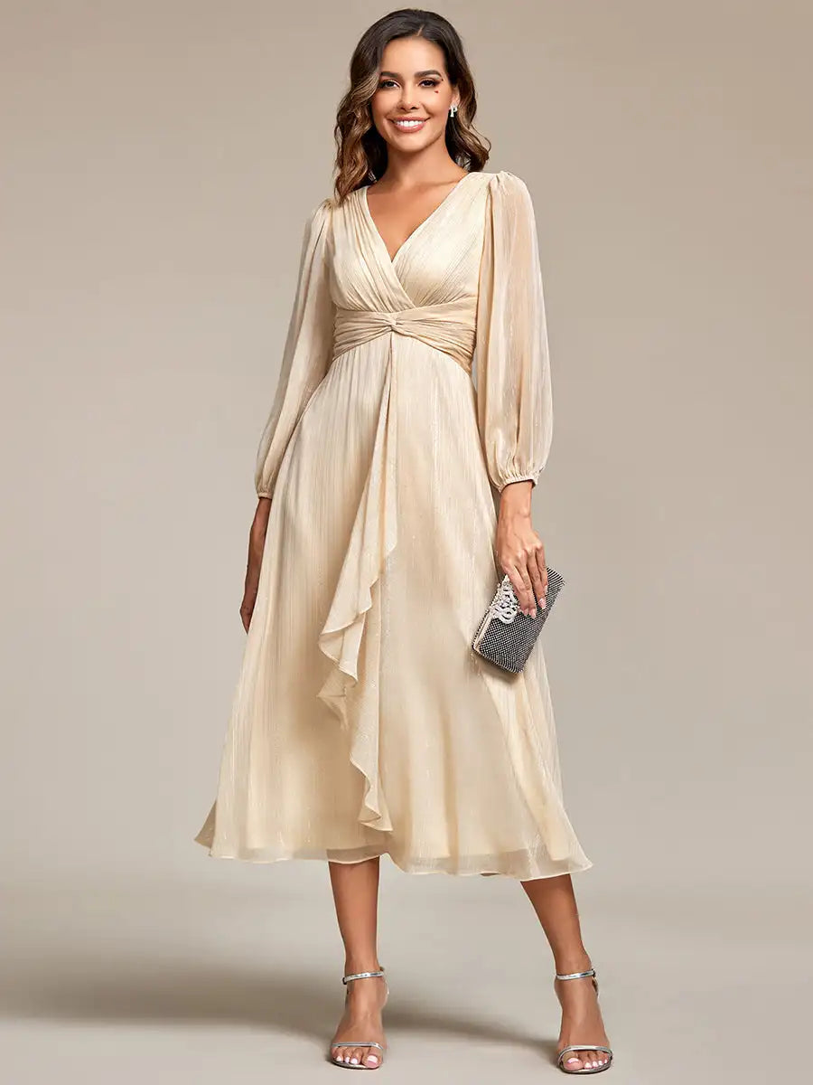Long Sleeve Shiny Chiffon Charcoal Dress