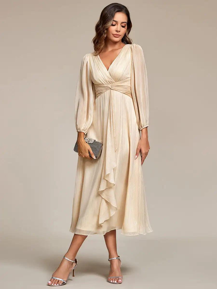 Long Sleeve Shiny Chiffon Charcoal Dress